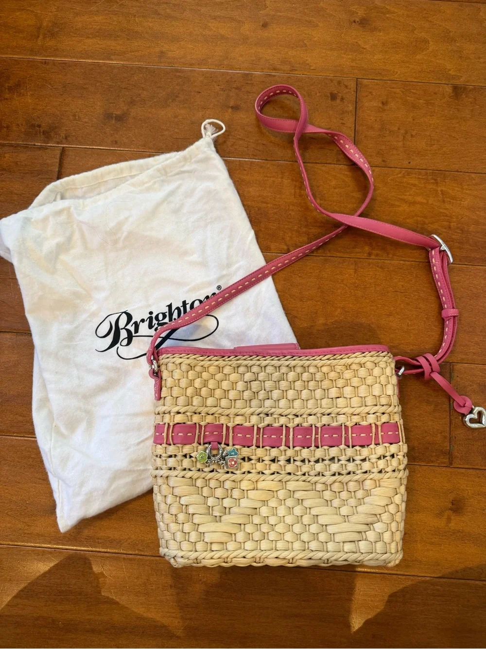 Brighton Raffia and Pink Leather Y2K Bag with Bag charm and heart details